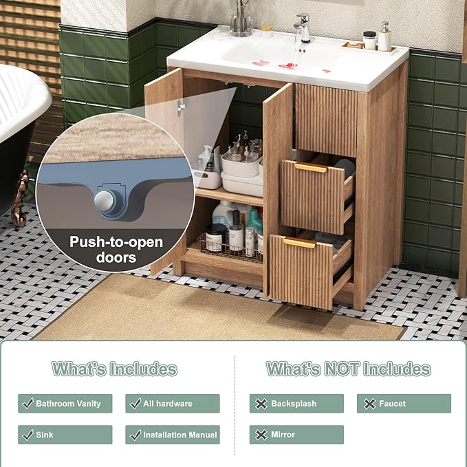 32 Inch Bathroom Vanity with Ceramic Sink, Small Bathroom Sink Cabinet with Fluted Doors and 2 Drawers, Single Sink Bath vanities Combo, Light Oak (19" D x 32" W x 36" H)