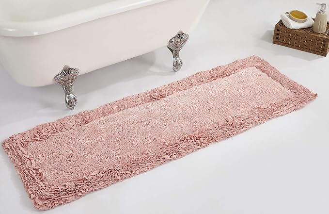 Better Trends 100% Cotton 20x60 Long Runner Bath Mat Extra Soft Non-Slip Bath Rug Water Absorbent Washable for Bathroom Floor Tub Shower Pink Shaggy Border Collection Oeko-Tex Certified