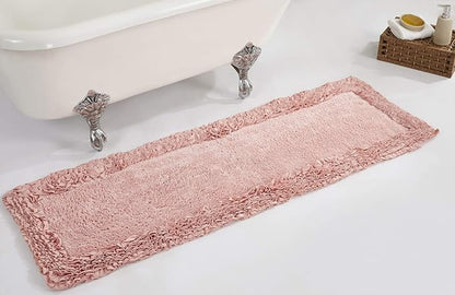 Better Trends 100% Cotton 20x60 Long Runner Bath Mat Extra Soft Non-Slip Bath Rug Water Absorbent Washable for Bathroom Floor Tub Shower Pink Shaggy Border Collection Oeko-Tex Certified