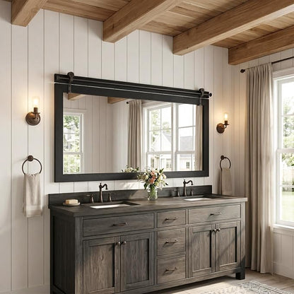 27"x49" Black Wood Grain Barn Door Wall Mirror with Wood Header | 100% solid wood, HD tempered glass, bronze-tone iron rail; large farmhouse wall mirror for double vanity, mantel, entryway