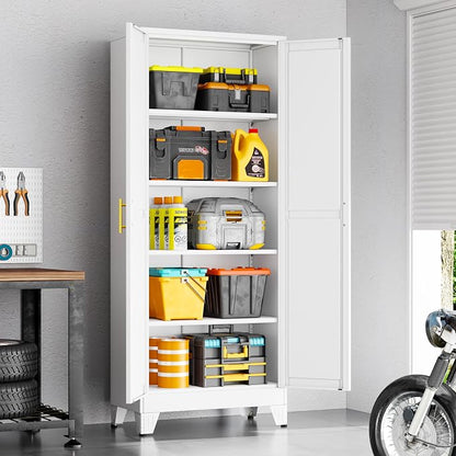 71" White Metal Storage Cabinet with 2 Doors and 4 Adjustable Shelves,Steel Garage Tool Cabinet, File Cabinet,Kitchen Pantry Cabinet for Home,Office,Garage,School,Warehouse