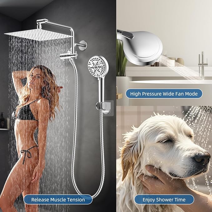 12" Metal Rainfall Shower Head with 10-Mode Handheld, Chrome | NSF/ANSI/CAN 372 Certified, High Pressure Showerhead Combo with 11" Adjustable Shower Arm, 71" Hose, Shower Head Holder