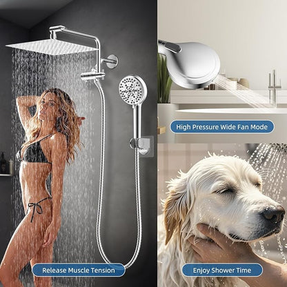 12" Metal Rainfall Shower Head with 10-Mode Handheld, Chrome | NSF/ANSI/CAN 372 Certified, High Pressure Showerhead Combo with 11" Adjustable Shower Arm, 71" Hose, Shower Head Holder