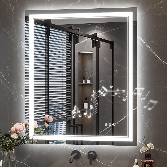 Keonjinn 30 x 36 Inch LED Bathroom Mirror with Lights, Frontlit & Backlit | Bluetooth Speaker, Bluetooth Mirror Bathroom, HD Tempered Glass, 3000K/4500K/6000K, Dimmable, Fast & Safe Defogging, CRI90+