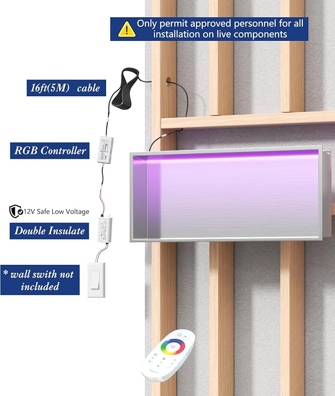 30X12 RGB Shower Niche Waterproof Brushed Nickel Stainless Steel LED Recessed Wall Niche for Shower, Tile-Ready Bathroom Wall Niche Light Kit with Remote Control