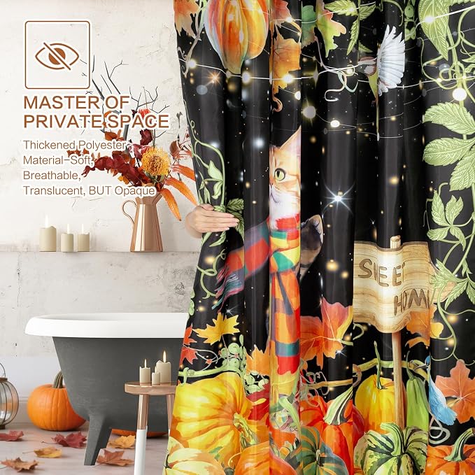 Shower Curtain Fall, Thanksgiving Shower Curtain for Bathroom 72x72 | Harvest Grape Pumpkin Shower Curtains Scarf Cat Autumn Maple Leaves Waterproof Washable Home Farmhouse Decor Bath Curtains