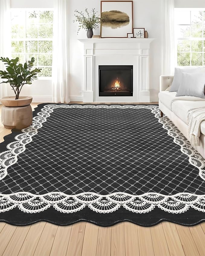 GarveeHome Washable Scalloped Rugs 5x7 Black Rug Modern Geometric Living Room Rug, Stain-Resistant Scalloped Throw Rugs, Soft Faux Wool Carpet for Bedroom Entryway Office Dorm, Black