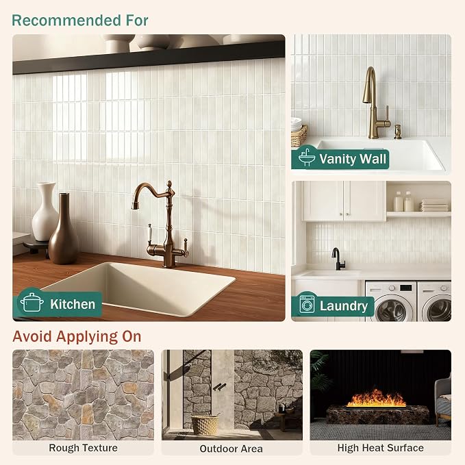 10-Sheet Peel and Stick Backsplash White Stick on Tile, Thick Self-Adhesive Wall Panels for Bathroom Vanity, Coffee Bar & Accent Walls (Light Beige)