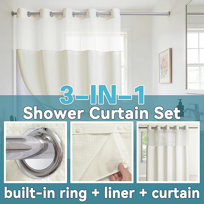 Conbo Mio No Hook Waffle Weave Shower Curtain with Snap in Liner Set, Hotel Luxury Beige Shower Curtains for Bathroom with See Through Top Window, Waterproof, Washable 71W x 74H