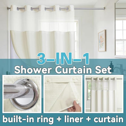 Conbo Mio No Hook Waffle Weave Shower Curtain with Snap in Liner Set, Hotel Luxury Beige Shower Curtains for Bathroom with See Through Top Window, Waterproof, Washable 71W x 74H