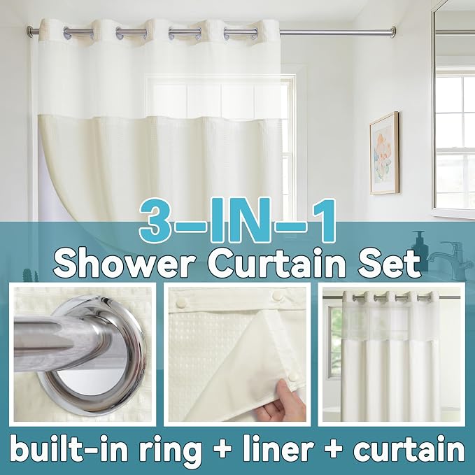 Conbo Mio Extra Long No Hook Waffle Weave Shower Curtain with Snap in Liner Set, Hotel Luxury Beige Shower Curtains for Bathroom with See Through Top Window, Waterproof, Washable 71W x 84H