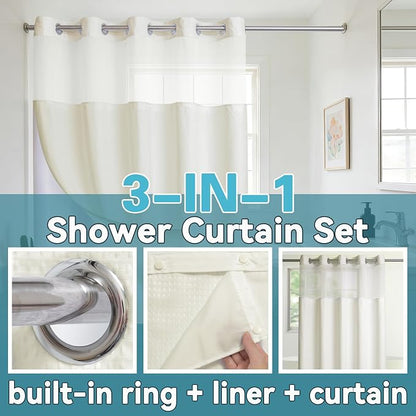 Conbo Mio Extra Long No Hook Waffle Weave Shower Curtain with Snap in Liner Set, Hotel Luxury Beige Shower Curtains for Bathroom with See Through Top Window, Waterproof, Washable 71W x 84H