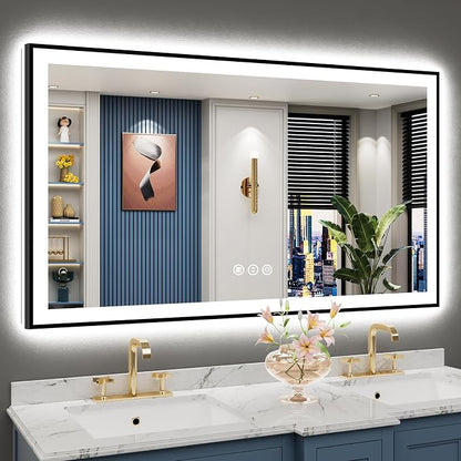 55x30 Black LED Bathroom Mirror, Backlit & Front Lit Lighted Mirror | Metal Framed Anti-Fog Vanity Mirror with Lights, 3 Color Dimmable, Memory, HD Tempered Glass, CRI95, UL Listed, Wall Mounted