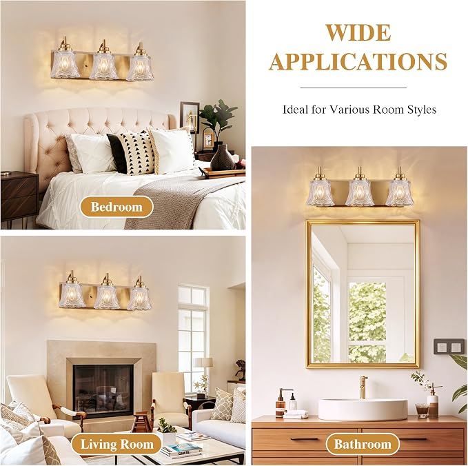 LmnLvn Brushed Gold Bathroom Light Fixtures, 3-Light Crystal Glass Shade | Mounted Over Mirror, Antique Brass Accents, Vintage Vanity Light for Bedroom & Living Room, Easy To Install