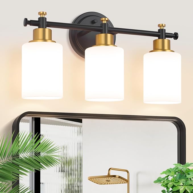 3 Light Bathroom Vanity Light, Black and Gold Vanity Lights for Bathroom | Vanity Light Fixture Over Mirror, Modern Wall Sconce with Milky White Glass Shade, 17.5 In, E26(Bulbs Not Included)
