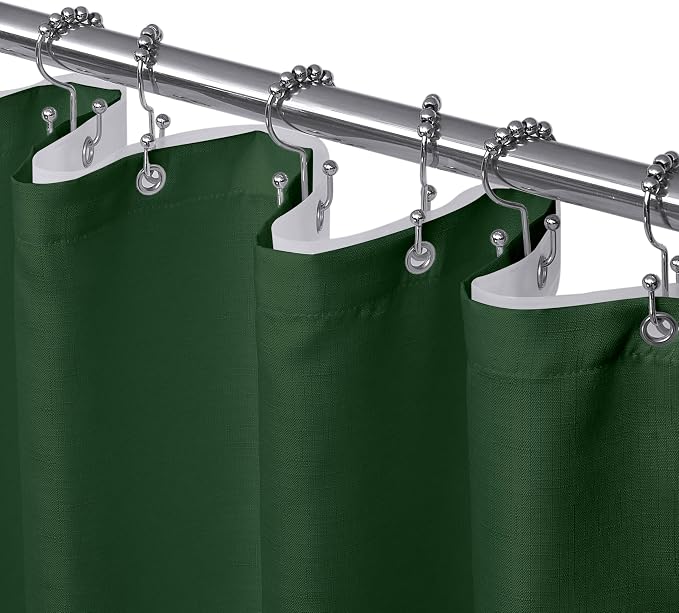Shower Curtain and Liner, 3 in 1 Shower Curtain Set with 12 Double Sided Shower Curtain Hooks, Cloth Shower Curtains for Bathroom,Waterproof, Dark Green 72 * 72