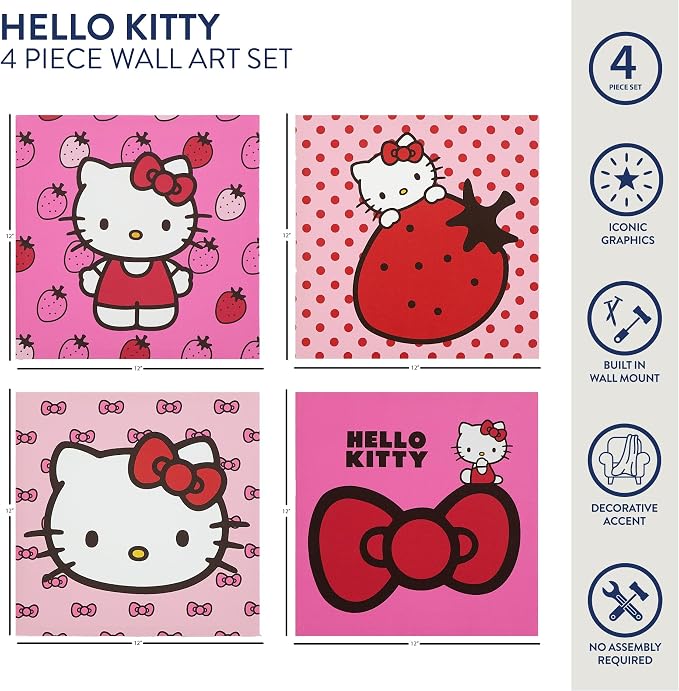 Sanrio Hello Kitty Strawberry and Bow Canvas Wall Art 4 Piece Set for Room Décor,12"x12"