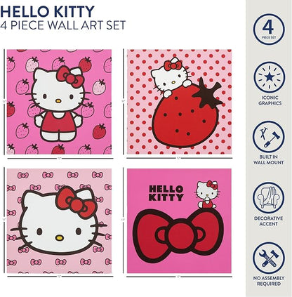 Sanrio Hello Kitty Strawberry and Bow Canvas Wall Art 4 Piece Set for Room Décor,12"x12"