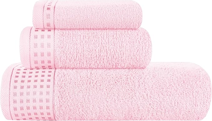 GLAMBURG Ultra Soft 3 Pack Cotton Towel Set, Contains a Bath Towel 28x55 inch, a Hand Towel 16x24 inch & a Wash Coth 12x12 inch, Ideal Everyday use, Compact & Lightweight - Pink