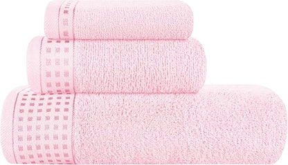 GLAMBURG Ultra Soft 3 Pack Cotton Towel Set, Contains a Bath Towel 28x55 inch, a Hand Towel 16x24 inch & a Wash Coth 12x12 inch, Ideal Everyday use, Compact & Lightweight - Pink
