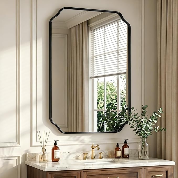 36"x24" Black Wall Bathroom Mirror, Scalloped Edge Vanity Mirror | Hangs Vertically/Horizontally, Wooden Frame Decorative Mirror, For Vanity, Bedroom & Entryway, Aesthetic Bathroom Decor