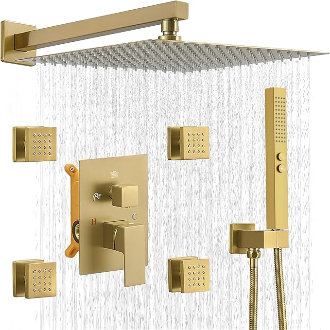 RUMOSE Rainfall Shower System with 4 Body Jets Wall Mounted 4 Mode Shower Faucet Set with 12 Inch Rain Shower Head and 2 in 1 Handheld Spray, Brushed Gold Brass Shower Fixtures, Rough-in Valve