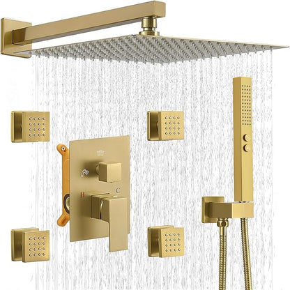 RUMOSE Rainfall Shower System with 4 Body Jets Wall Mounted 4 Mode Shower Faucet Set with 12 Inch Rain Shower Head and 2 in 1 Handheld Spray, Brushed Gold Brass Shower Fixtures, Rough-in Valve