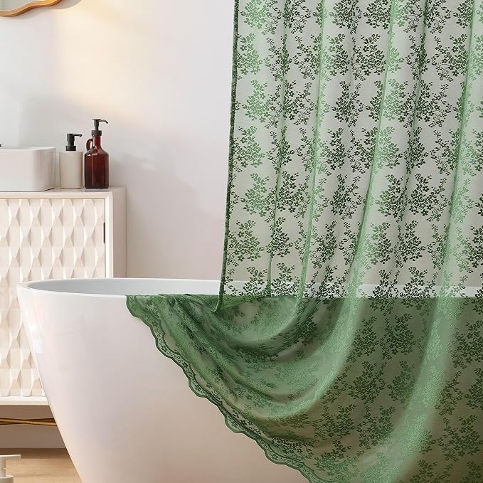 TUDECO Green Stall Shower Curtain with Attached Valance, 36'' x 72'' | Emerald Green, Narrow Compact Bathroom, Semi-Sheer, Elegant Floral, Scalloped Edges,Reinforced Holes, Machine Washable