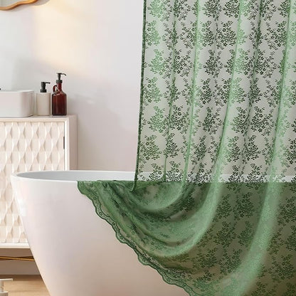 TUDECO Green Stall Shower Curtain with Attached Valance, 36'' x 72'' | Emerald Green, Narrow Compact Bathroom, Semi-Sheer, Elegant Floral, Scalloped Edges,Reinforced Holes, Machine Washable