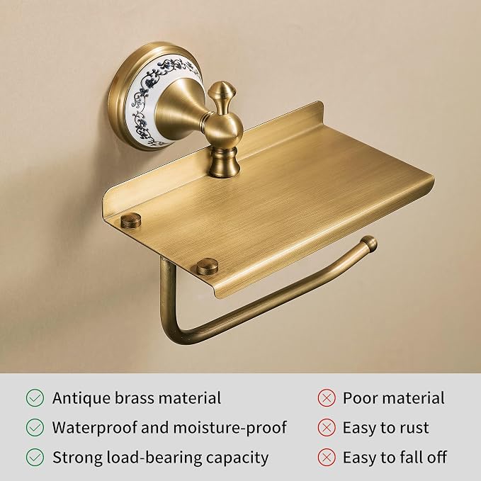 Toilet Paper Holder with Phone Shelf, Bathroom Toilet Paper Roll Holder Antique Bronze Brass Wall Mounted Bathroom Hardware Accessories,Porcelain Design