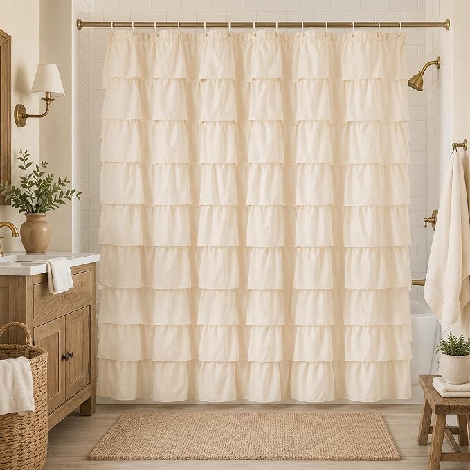 Beige Ruffle Shower Curtain for Bathroom, 72x72, Elegant Ruffled Panle | Soft Cream Color, Cascading Waterfall Ruffles, 72 x 72, 12 Hooks Included, Machine Washable, Soft Microfiber Fabric, Opaque
