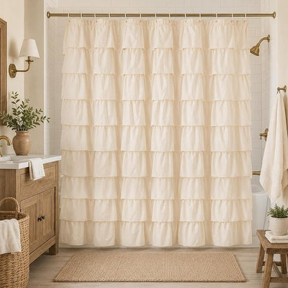 Beige Ruffle Shower Curtain for Bathroom, 72x72, Elegant Ruffled Panle | Soft Cream Color, Cascading Waterfall Ruffles, 72 x 72, 12 Hooks Included, Machine Washable, Soft Microfiber Fabric, Opaque