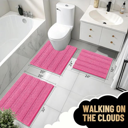 OLANLY Thick Bathroom Rugs 30x20, Soft Chenille Striped Bath Rugs, Hot Pink | Rubber Backing, Machine Wash, Extra Absorbent Bath Mats for Bathroom Floor, Tub and Shower, Home Decor Accessories