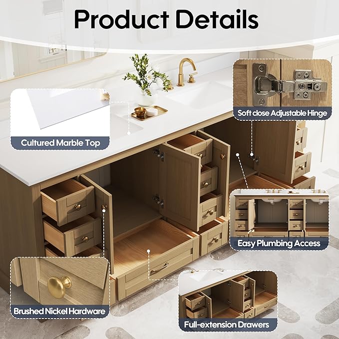 WELLFOR 84 Inch Bathroom Vanity with Double Sinks, Bathroom Freestanding Vanity W/4 Soft-Close Doors and 14 Drawers, Large Storage Space Vanity, Cultured Marble Countertop Vanities (Oak)