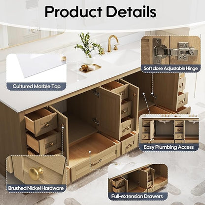 WELLFOR 84 Inch Bathroom Vanity with Double Sinks, Bathroom Freestanding Vanity W/4 Soft-Close Doors and 14 Drawers, Large Storage Space Vanity, Cultured Marble Countertop Vanities (Oak)