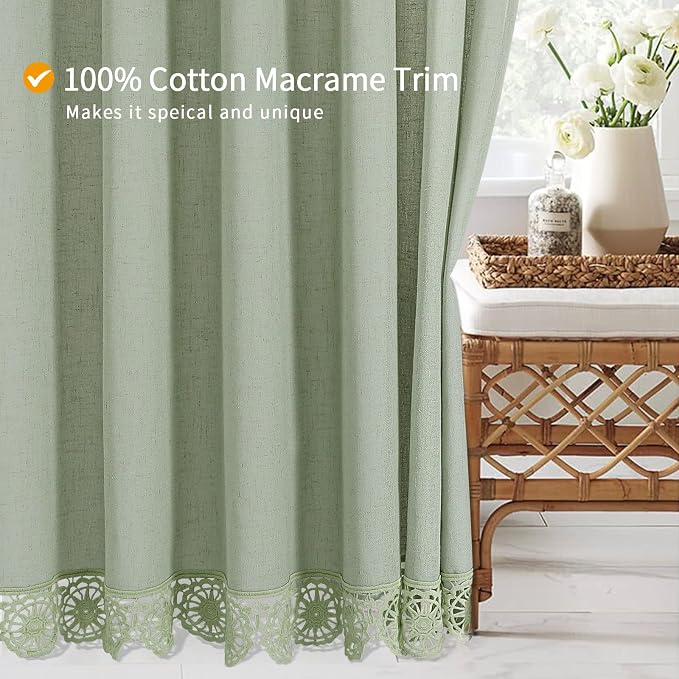 Linen Boho Lace Shower Curtain Liner Set 72x72 | Farmhouse Shower Curtain with Macrame Decor, Bohemian Cotton French Country Bath Curtain , Green