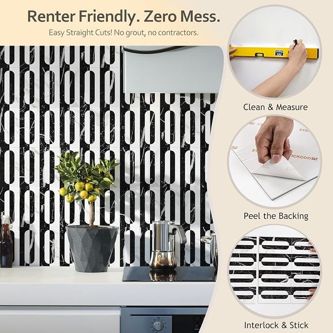 STICKGOO Peel and Stick Backsplash Tiles 12"x12", Waterproof Stick on Kitchen & Bathroom Backsplash, PVC Self Adhesive Wall Tiles for Fireplace, White/Marble Black (10 Sheets)