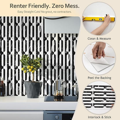 STICKGOO Peel and Stick Backsplash Tiles 12"x12", Waterproof Stick on Kitchen & Bathroom Backsplash, PVC Self Adhesive Wall Tiles for Fireplace, White/Marble Black (10 Sheets)