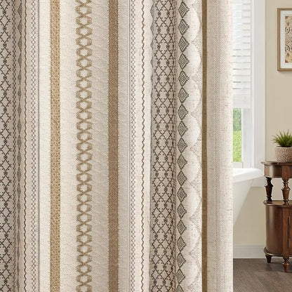 Boho Linen Shower Curtain for Bathroom,with Striped Print and Twine-Inspired Woven Center,72" W x 78" L,Beige