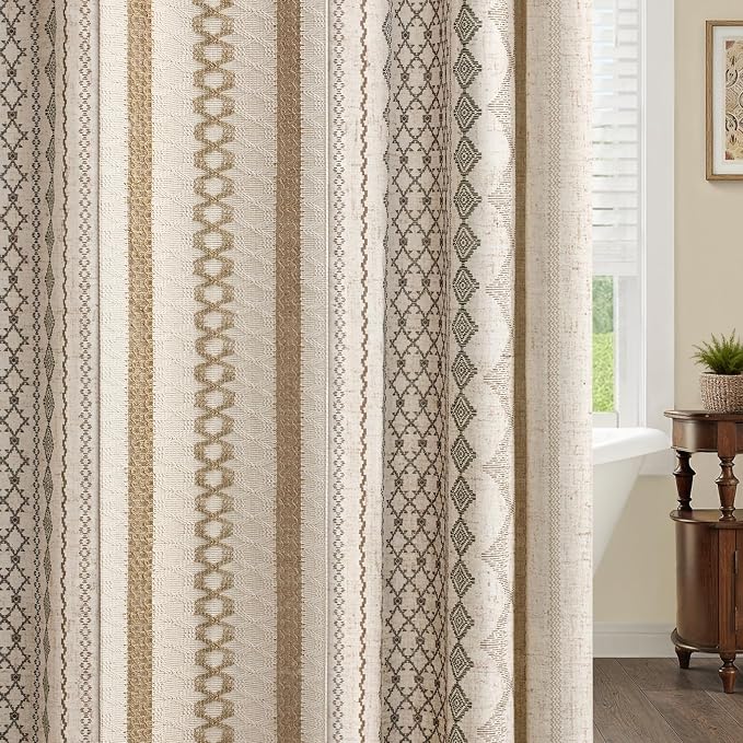 Natural Linen Boho Shower Curtain,72" W x 84" L | Linen Striped Print and Twine-Inspired Woven Center for Bathroom
