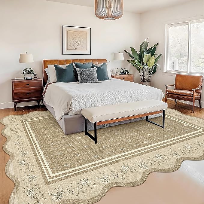 Garvee Scollaped Rugs for Living Room 5x7 Area Rugs for Bedroom Soft Camel | Non-Slip Low Pile Neutral Kids Rug Non-Shedding Bordered Nursery Carpet Foldable Thin Mat for Dining Room Kitchen Playroom