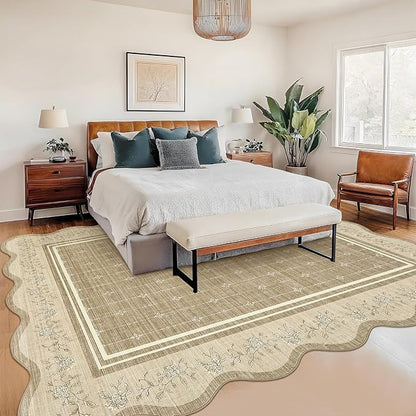 Garvee Scalloped Washable Rug 9x12 Rugs for Living Room Non Slip Camel | Neutral Nursery Rug Modern Bordered Floral Mat Indoor Soft Non-Shedding Accent Carpet for Bedroom Dining Room Kids Room Dorm