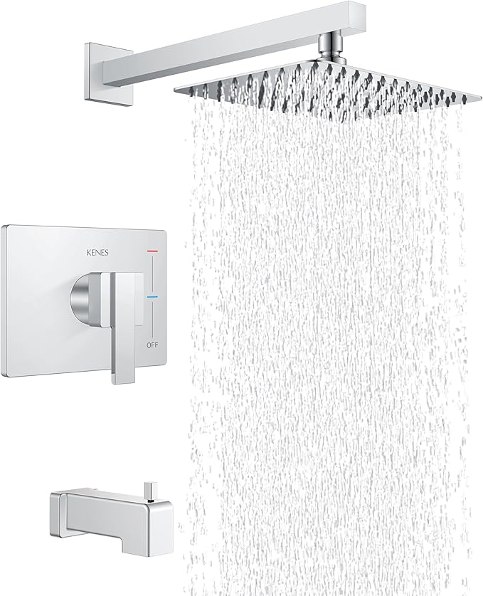 KENES Chrome Shower Set with Tub Faucet, Square Tub Shower Faucet Set | Shower Faucet with 10-Inch Rain Shower Head, Square Shower System, Valve Included, Lead-Free cUPC & NSF Certified, Stainless