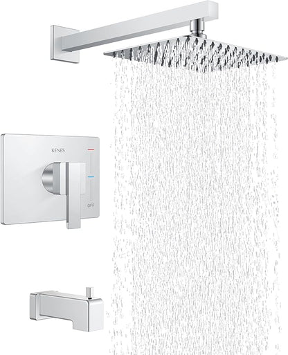 KENES Chrome Shower Set with Tub Faucet, Square Tub Shower Faucet Set | Shower Faucet with 10-Inch Rain Shower Head, Square Shower System, Valve Included, Lead-Free cUPC & NSF Certified, Stainless