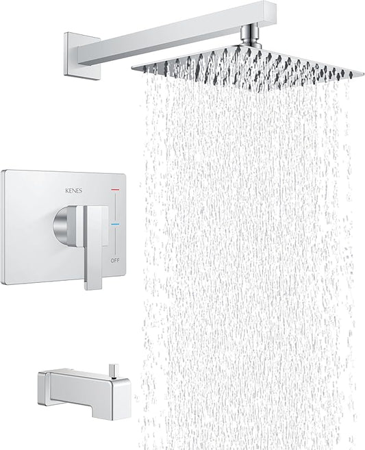 KENES Chrome Shower Set with Tub Faucet, Square Tub Shower Faucet Set | Shower Faucet with 10-Inch Rain Shower Head, Square Shower System, Valve Included, Lead-Free cUPC & NSF Certified, Stainless