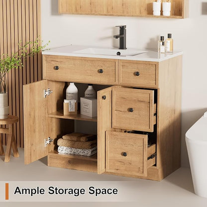 LUCKWIND 36" Bathroom Vanity Sink Combo, Modern Bathroom Cabinet with Undermount Solid Surface Vanity Sink, Soft-Close Hinges & Water-Saving Faucet, Natural