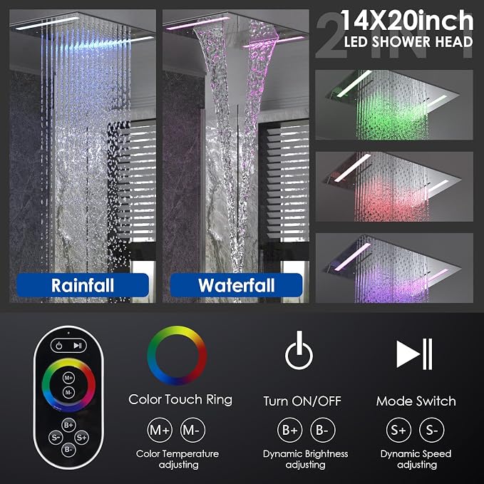 ENGA Shower System with Body Jets, 2 In 1 Functions Ceiling Mount 14x20inch LED Shower Head with 4 Body Jets, Rainfall Waterfall Shower Faucet Set, Chrome