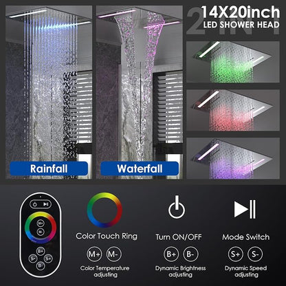ENGA Shower System with Body Jets, 2 In 1 Functions Ceiling Mount 14x20inch LED Shower Head with 4 Body Jets, Rainfall Waterfall Shower Faucet Set, Chrome