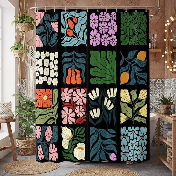 JAWO Retro Shower Curtain Vintage Abstract Boho Floral Shower Curtains for Bathroom Decor Black Blue Botanical Geometric Groovy Aesthetic Pattern Shower Curtain Sets with Hooks, 60X70IN