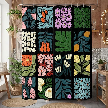JAWO Retro Shower Curtain Vintage Abstract Boho Floral Shower Curtains for Bathroom Decor Black Blue Botanical Geometric Groovy Aesthetic Pattern Shower Curtain Sets with Hooks, 60X70IN